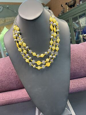 #ad Vintage Yellow mother of Pearl BoHo three strand Silvertone necklace 18” ￼ $14.98