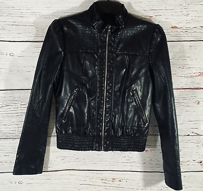 #ad Guess Faux Leather Moto Crop Jacket Womens Medium Black Biker Modern Zip Pockets $33.75