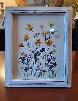 #ad Original Signed Abstract Watercolor Painting In Frame 10quot;x12quot; Violets Buttercups $35.00