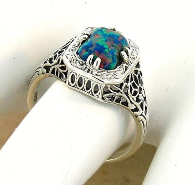 #ad VINTAGE STYLE 925 STERLING SILVER LAB CREATED BLACK OPAL FILIGREE RING #686 $29.00