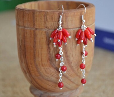 #ad Handmade Red bamboo coral silver plated chain cluster Earring $14.99