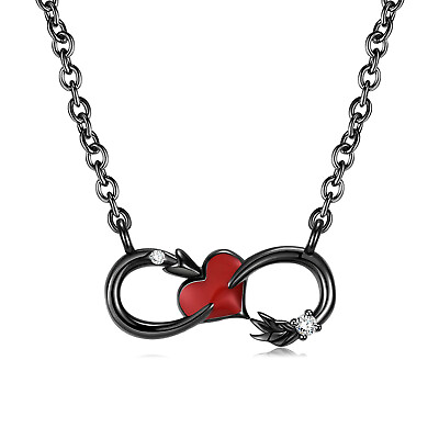 #ad 925 Sterling Silver Black Rhodium CZ Infinite Red Heart Small Pendant Necklace $22.00