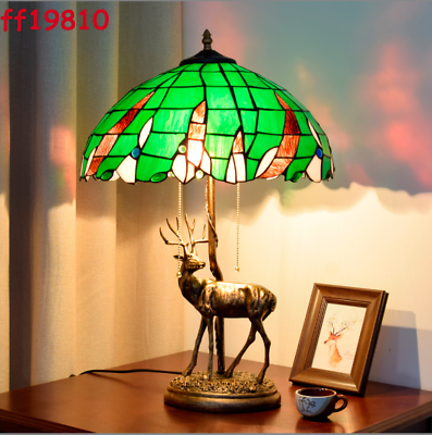 #ad Modern Tiffany Colored Glass Elk Green Table Lamp Bedroom Stydy Desk Lights Fixt $275.99