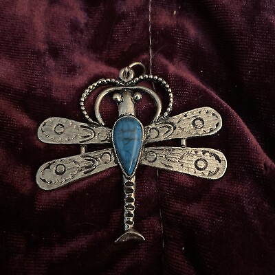 #ad Dragon Fly Pendent 2” Silver tone Faux Turquoise $15.00