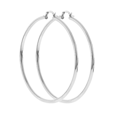 #ad Women#x27;s Rhodium Plated Round BIG Hoop Silver Tone Earrings Click Top 40 100mm $20.95