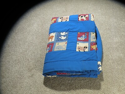 #ad Vintage Handmade Blue Quilt w Animals 56X81 Ducks Whales Pig Sheep Deer Chicken $16.99