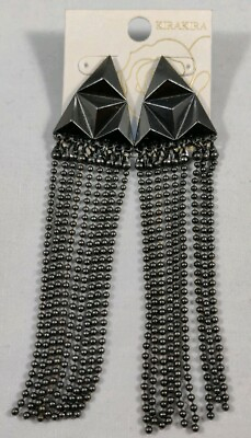 #ad Kira Kira Black Triangle Stud Earrings With Rows Of Dangling Black Beads $7.99