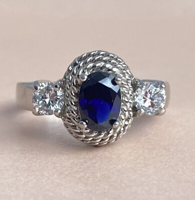 #ad Vintage 925 Silver Sapphire Blue CZ Ring Rope Twist 3 Stone ADI Trilogy GBP 25.00