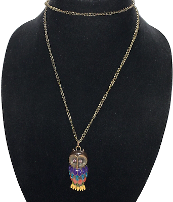 #ad 32” Long Brass Tone Owl Necklace with Enamel and Multi Color Rhinestones $12.99