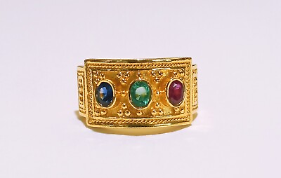 #ad 18k handmade yellow gold byzantine ring womens jewelry 3 gemstones sapph rub eme $2400.00