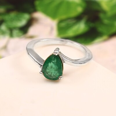 #ad 92.5 silver sterling Natural Green Emerald Ring For Women Silver Craft Ring $334.92