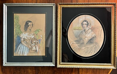 #ad Antique Georgian Regency Portraits 19th Century Pastel Drawings Female $900.00