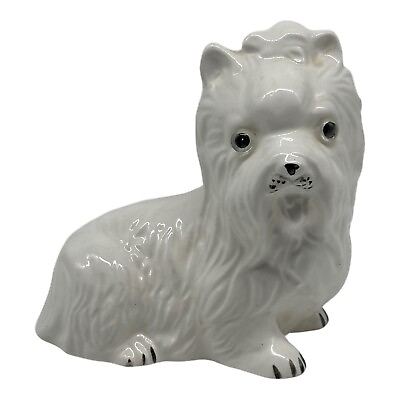 #ad Vintage Ceramic Maltese Dog Figurine 5.5” Tall Laying Down White With Bow $13.46