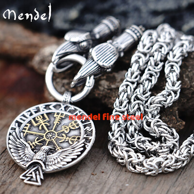 #ad MENDEL Stainless Steel Mens Norse Viking Raven Vegvisir Pendant Necklace For Men $11.99