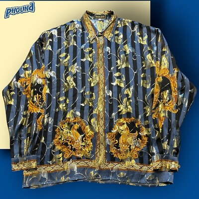 #ad Vtg Mens Metallic Satin Silk Shirt Greek Baroque DESIGN MULTICOLOR XL EUC Rare 2 $294.99
