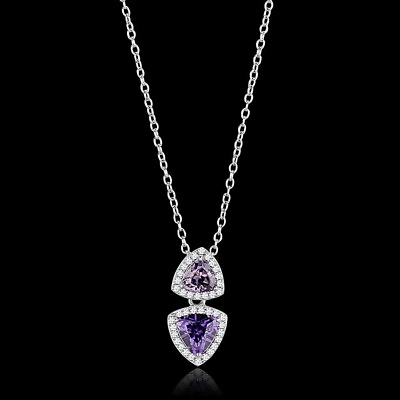 #ad Rhodium Plated Double Halo CZ in Amethyst Triangle Shape Pendant Necklace 16quot; $79.20