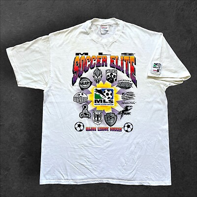 #ad 1990s MLS Soccer Elite Graphic White Hanes Shirt XL Single Stitch Mens Vintage $40.00