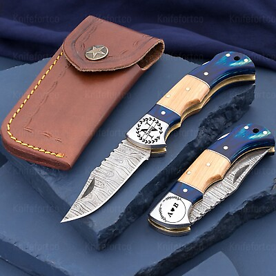 #ad Damascus handmade back lock Folding pocket knife camping Hunting Knife Pouch $19.99