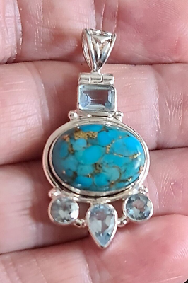 #ad Superb Sterling Silver Turquoise and Blue Topaz Pendant GBP 30.00