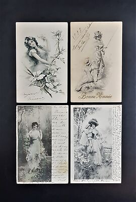 #ad Vintage Postcards M. M. Vienne Bonne Annee Women Painted Austria Set 4 pcs $20.00