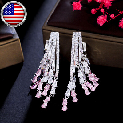 #ad CZ Tassel Pink Dangle Drop Earrings Silver Plated Cubic Zirconia Women Jewellery $17.92