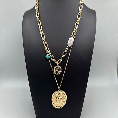 #ad Necklace Womens Gold Tone Greek Motif Double Coin Pendant Paperclip Chain Link $14.44