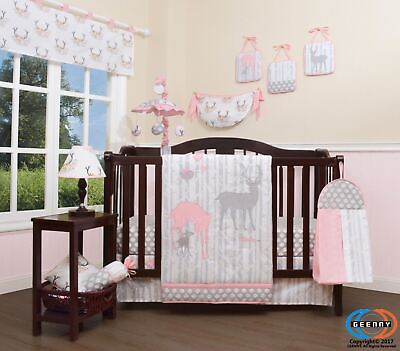 #ad 12PCS Bumperless Girl Deer Family Baby Nursery Crib Bedding Sets $50.00