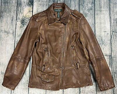 #ad Lauren Ralph Lauren Lamb Leather Jacket Womens 10 Brown Full Zip Motorcycle LRL $78.40