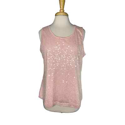 #ad CHICOS Pink Peach Flat Sequin Sleeveless Top Size Large 2 Mesh Layered Tank $24.00