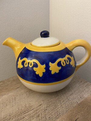 #ad Mexican Pottery Teapot Blue amp; Yellow Hand Painted Unique Tea Party $19.95