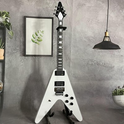 #ad White Flying V Electric Guitar Solid Black Fretboard FR Bridge Mahogany Body $294.00
