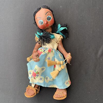 #ad VTG Mexican Gourd Doll Handmade Paper Mache Doll Folk Art Blue Eyes 11” $12.39