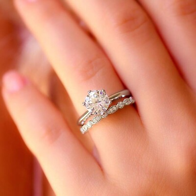 #ad Pretty Round Cut Simulated Diamond Bridal Wedding Ring Set 14k White Gold Plated $178.99