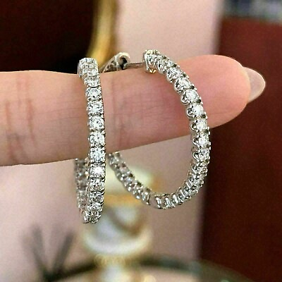 #ad 14K White Gold 1.35Ct Round Lab Created Inside Out Diamond Hoop Earrings $200.00