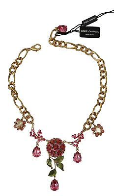 #ad DOLCE amp; GABBANA Necklace Gold Brass Chain Crystal Floral Roses Jewelry 1700usd $849.00