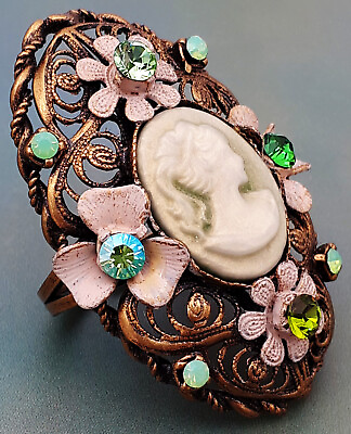 #ad Michal Negrin Ring Green Victorian Lady Cameo Antique Flowers Crystals Statement $84.15