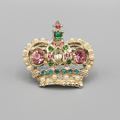 #ad Vintage Cute Little Pastel Rhinestone Faux Pearl Crown Brooch $24.76