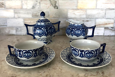 #ad Bombay China Blue White Creamer Sugar Bowl Lid 2 Cups 2 Saucers set $105.00