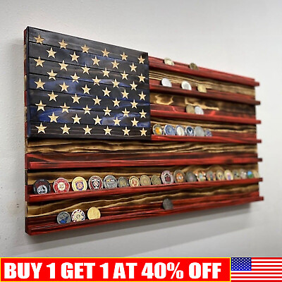 #ad Vintage American Flag Solid Wood Wall Mounted Challenge Coin Display Holder Rack $16.99