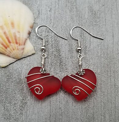 #ad Hawaiian Jewelry Sea Glass Earrings Wire Twin Heart Earrings Red Earrings $36.98