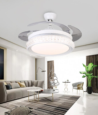 #ad 42quot; Modern Remote Invisible Ceiling Fan Light LED 3 Colors Crystal Chandelier $106.92
