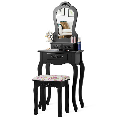 #ad Vanity Wood Makeup Dressing Table Stool Set Jewelry Desk Drawer Mirror Black $119.99