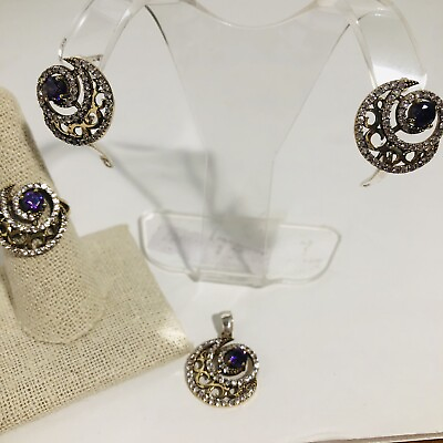 #ad Sterling Silver Turkish Earrings Pendant Ring 8.5 Half Moon CZ Amethyst CZ Set $26.95