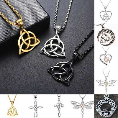 #ad Women Silver Plated Celtic Knot Cross Heart Pendant Necklace Good Luck Jewellery C $3.37