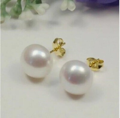 #ad Huge 10 11mm Natural AAAA South Sea White Stud Pearl Earring 14k Gold P Stud $18.99