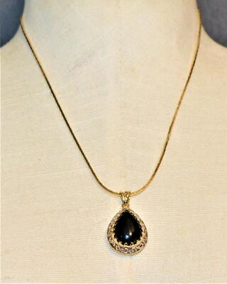 #ad Vintage Goldtone Black Stone TEARDROP Shape Pendant on 17quot; Chain $24.99