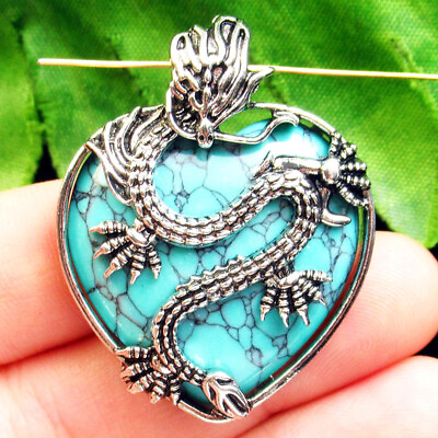 #ad 42x32x9mm Dragon Wrapped Blue Turquoise Heart Pendant Bead FH01851 $10.91