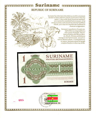 #ad Suriname 1 Gulden 1974 UNC P 116d w UN FDI FLAG STAMP Low KC01058 $8.40