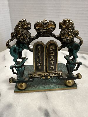#ad Vintage Solid Brass Fortuna Israel Lions With Tablets Single Bookend Lovely $34.90