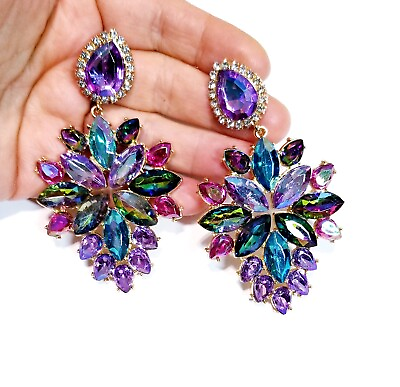 #ad Multi Crystal Bridesmaid Rhinestone Chandelier Drop Earrings 3.6 inch Jewelry $34.99